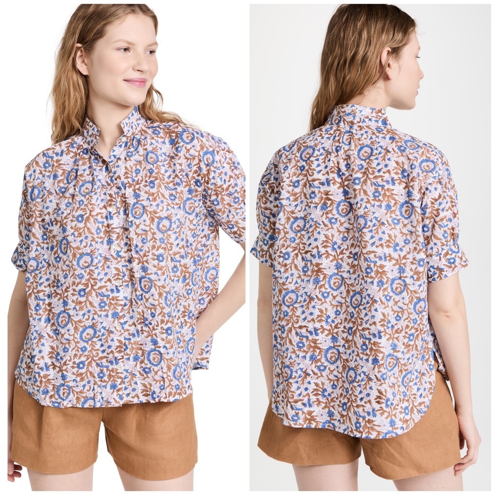 Alix of Bohemia Kitsey Hydrangea Shirt small button down blue brown cotton